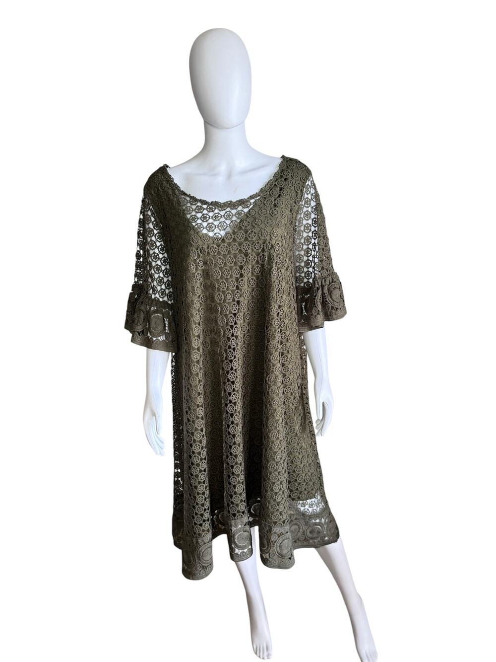 Lane Bryant Olive Crochet Lace Shift Dress Bell Sleeve Size 20